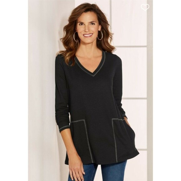 Soft Surroundings Nellie Tunic Black Sz Medium M V-Neck Knit Stretch Long Sleeve - Picture 2 of 12